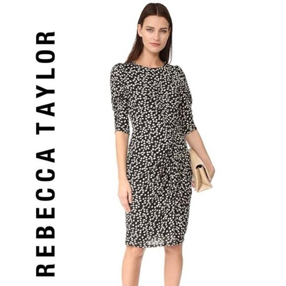 REBECCA TAYLOR DRESS RUCHED PREPPY CHIC FLORAL FIZZ BLACK IVORY Sz M TRENDY - Picture 1 of 15